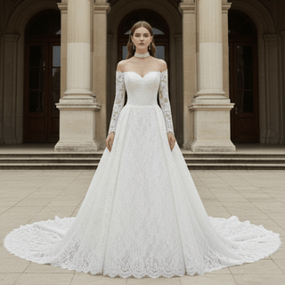 Corset-Bodice Floral Lace Wedding Dress with Detachable Sleeves & Voluminous Skirt - Rosymae