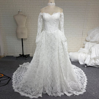 Corset-Bodice Floral Lace Wedding Dress with Detachable Sleeves & Voluminous Skirt - Rosymae