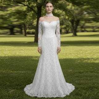 Corset-Bodice Floral Lace Wedding Dress with Detachable Sleeves & Voluminous Skirt