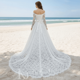 Corset-Bodice Floral Lace Wedding Dress with Detachable Sleeves & Voluminous Skirt - Rosymae