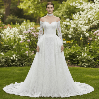 Corset-Bodice Floral Lace Wedding Dress with Detachable Sleeves & Voluminous Skirt