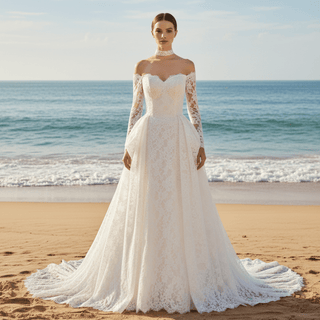 Corset-Bodice Floral Lace Wedding Dress with Detachable Sleeves & Voluminous Skirt