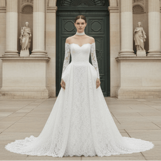 Corset-Bodice Floral Lace Wedding Dress with Detachable Sleeves & Voluminous Skirt