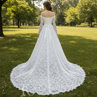 Corset-Bodice Floral Lace Wedding Dress with Detachable Sleeves & Voluminous Skirt - Rosymae