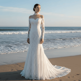 Corset-Bodice Floral Lace Wedding Dress with Detachable Sleeves & Voluminous Skirt