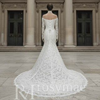 Corset-Bodice Floral Lace Wedding Dress with Detachable Sleeves & Voluminous Skirt