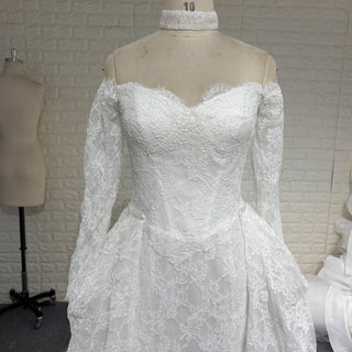 Corset-Bodice Floral Lace Wedding Dress with Detachable Sleeves & Voluminous Skirt - Rosymae