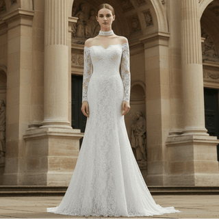 Corset-Bodice Floral Lace Wedding Dress with Detachable Sleeves & Voluminous Skirt