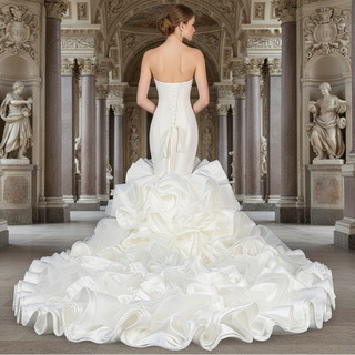 Elegante vestido de novia de sirena de raso sin tirantes con capas