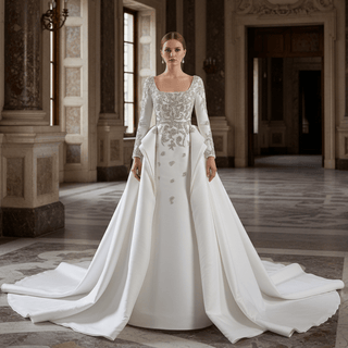 Couture Beaded Long Sleeves Satin Wedding Dress with Square Neckline & Overskirt - Rosymae