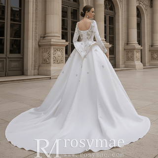 Couture Beaded Long Sleeves Satin Wedding Dress with Square Neckline & Overskirt - Rosymae