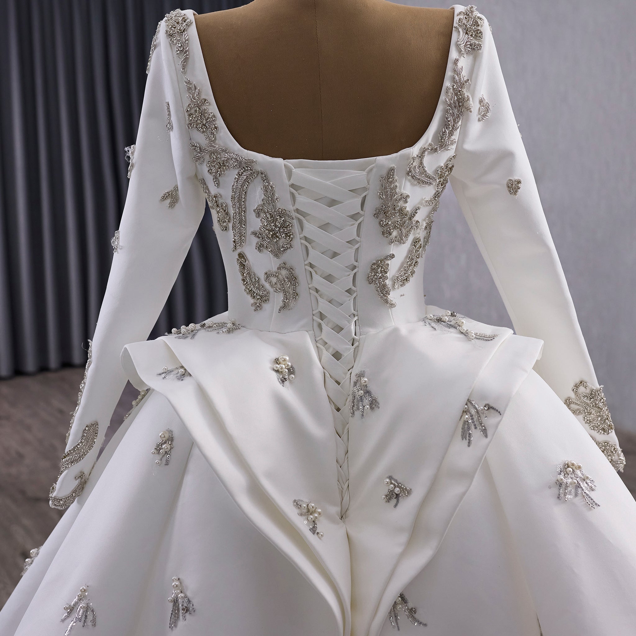Couture Beaded Long Sleeves Satin Wedding Dress with Square Neckline & Overskirt - Rosymae