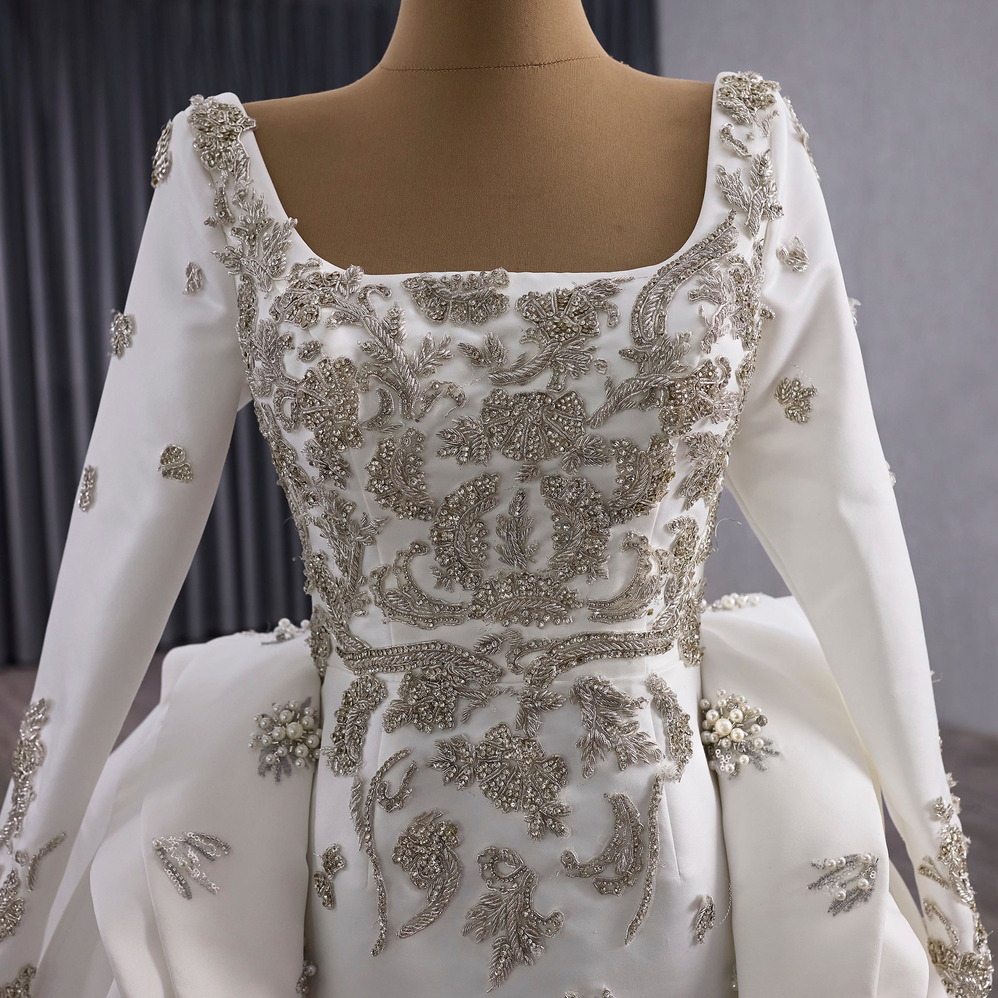 Couture Beaded Long Sleeves Satin Wedding Dress with Square Neckline & Overskirt - Rosymae