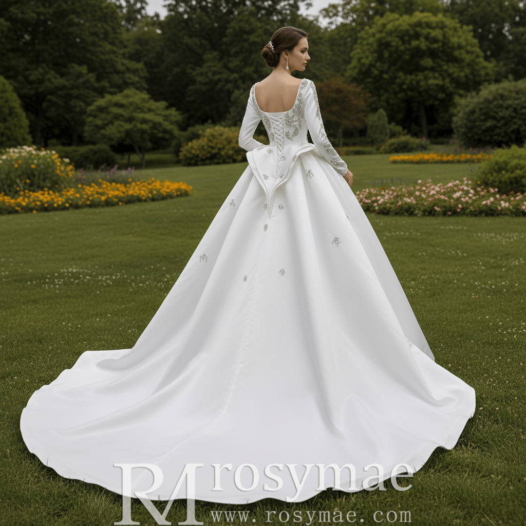 Couture Beaded Long Sleeves Satin Wedding Dress with Square Neckline & Overskirt - Rosymae