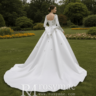 Couture Beaded Long Sleeves Satin Wedding Dress with Square Neckline & Overskirt - Rosymae