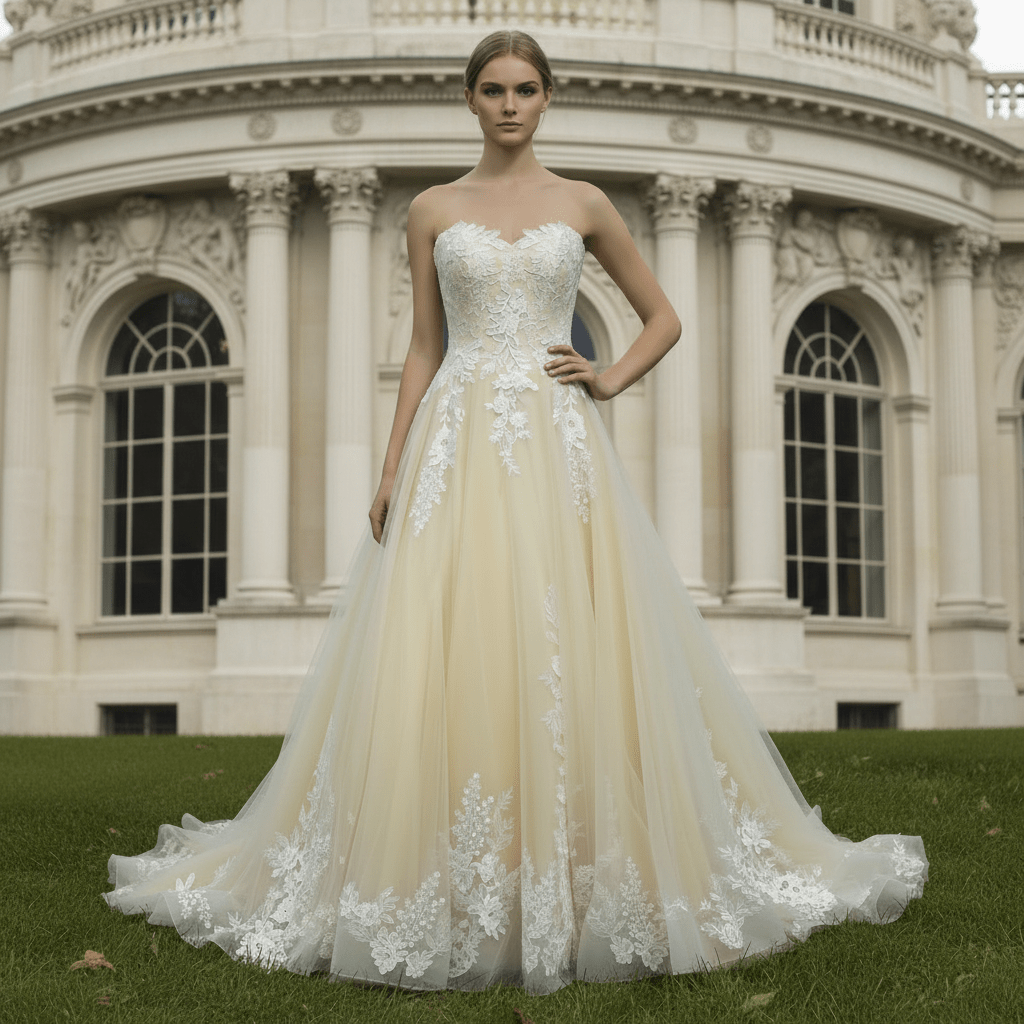 Cream Strapless Sweetheart Neckline Princess Tulle Wedding Dresses - Rosymae