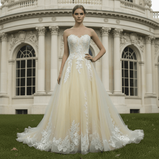Cream Strapless Sweetheart Neckline Princess Tulle Wedding Dresses - Rosymae