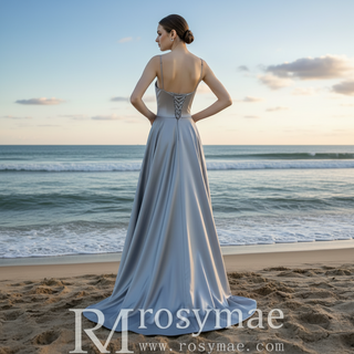 Elegant Crepe Satin Prom Party Dresses Evening Gowns with Pocket