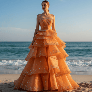Crystal-Embellished Orange Ball Gown Formal Dress with Defined Tiered Ruffles - Rosymae