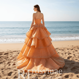Crystal-Embellished Orange Ball Gown Formal Dress with Defined Tiered Ruffles - Rosymae