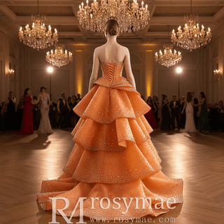 Crystal-Embellished Orange Ball Gown Formal Dress with Defined Tiered Ruffles - Rosymae