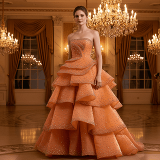Crystal-Embellished Orange Ball Gown Formal Dress with Defined Tiered Ruffles - Rosymae