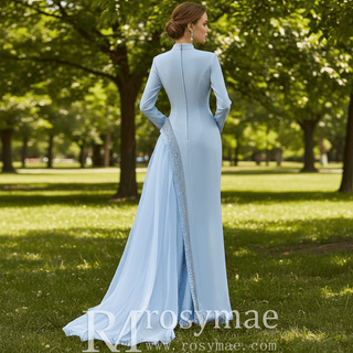 Crystal Modest Prom Dress with Tailored Princess Seams & Voluminous Side Drape - Rosymae