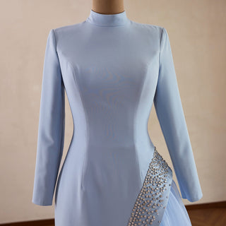 Crystal Modest Prom Dress with Tailored Princess Seams & Voluminous Side Drape - Rosymae