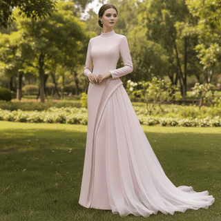 Crystal Modest Prom Dress with Tailored Princess Seams & Voluminous Side Drape - Rosymae