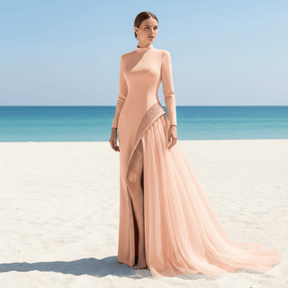 Crystal Modest Prom Dress with Tailored Princess Seams & Voluminous Side Drape - Rosymae