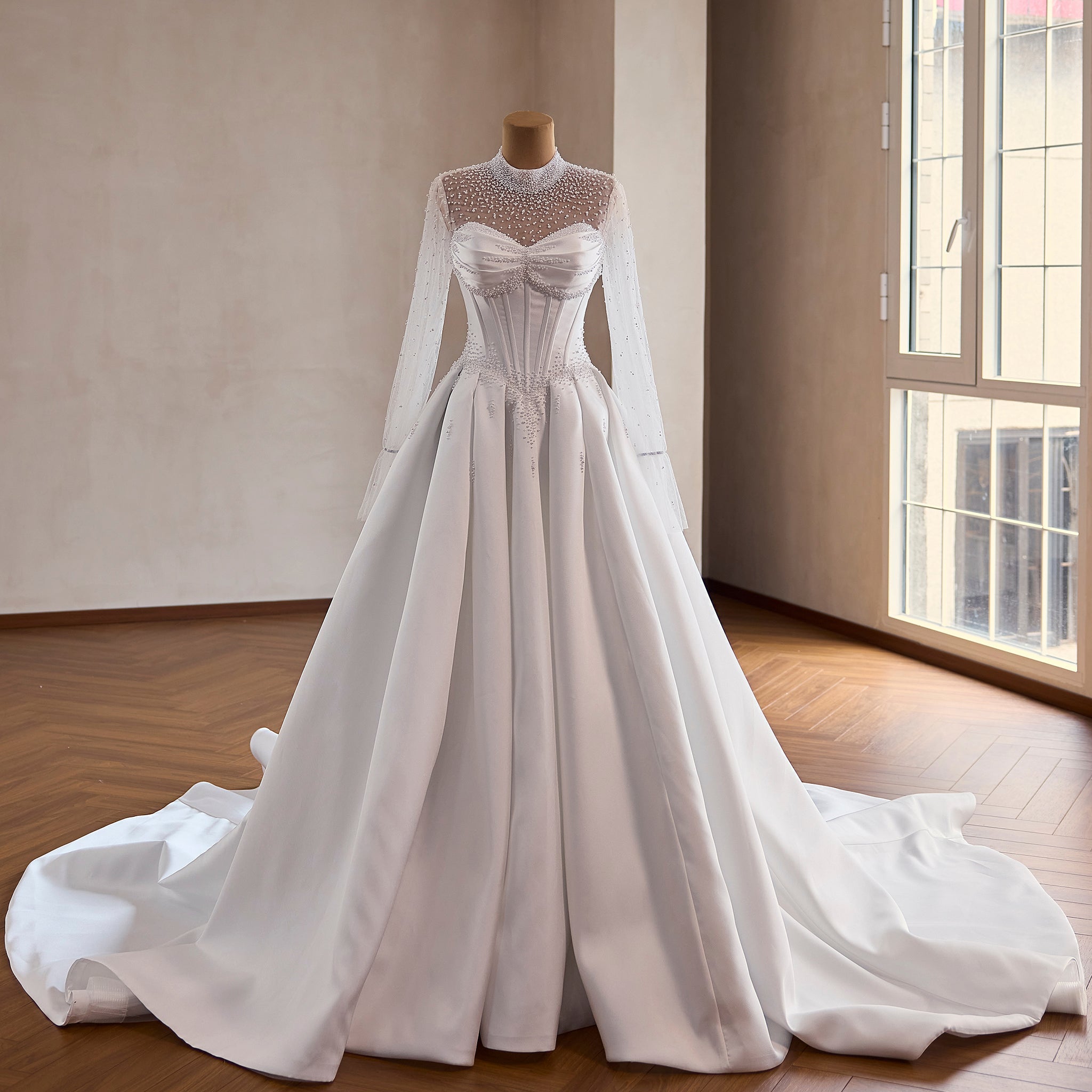 Crystal & Pearl Beaded Illusion Wedding Dress with Drop-Waist Corset and Long Sleeve - Rosymae