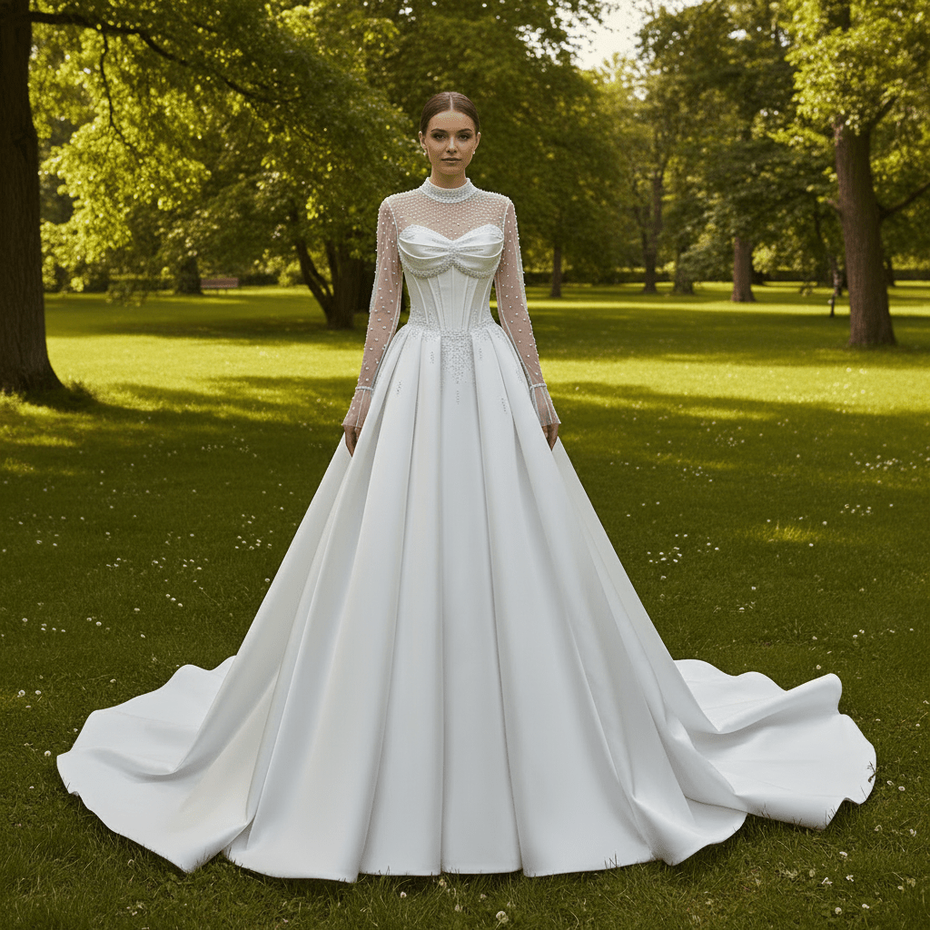 Crystal & Pearl Beaded Illusion Wedding Dress with Drop-Waist Corset and Long Sleeve - Rosymae