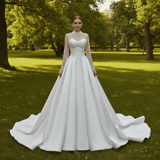 Crystal & Pearl Beaded Illusion Wedding Dress with Drop-Waist Corset and Long Sleeve - Rosymae