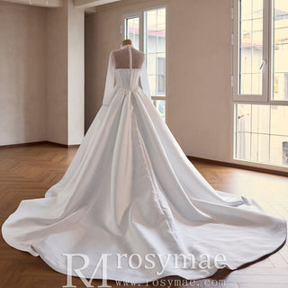 Crystal & Pearl Beaded Illusion Wedding Dress with Drop-Waist Corset and Long Sleeve - Rosymae