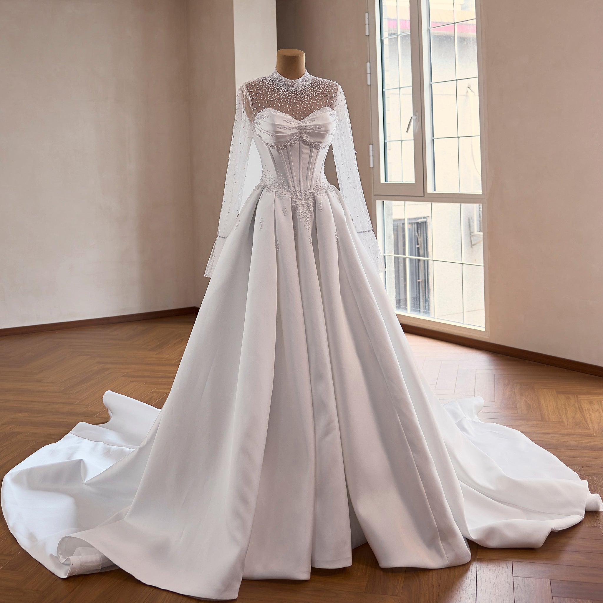 Crystal & Pearl Beaded Illusion Wedding Dress with Drop-Waist Corset and Long Sleeve - Rosymae