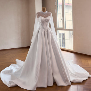 Crystal & Pearl Beaded Illusion Wedding Dress with Drop-Waist Corset and Long Sleeve - Rosymae