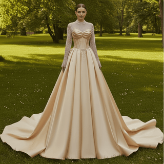 Crystal & Pearl Beaded Illusion Wedding Dress with Drop-Waist Corset and Long Sleeve - Rosymae