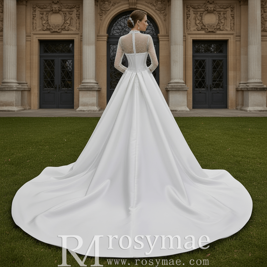 Crystal & Pearl Beaded Illusion Wedding Dress with Drop-Waist Corset and Long Sleeve - Rosymae