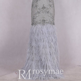 Crystals Feather Mermaid Prom Party Gown Evening Dress - Rosymae