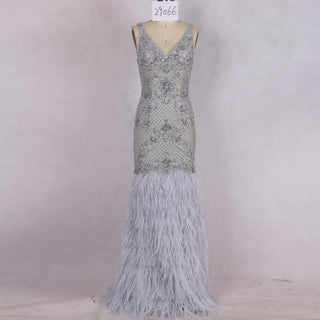 Crystals Feather Mermaid Prom Party Gown Evening Dress - Rosymae