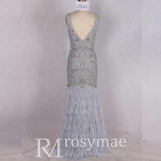 Crystals Feather Mermaid Prom Party Gown Evening Dress - Rosymae