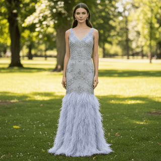 Crystals Feather Mermaid Prom Party Gown Evening Dress - Rosymae
