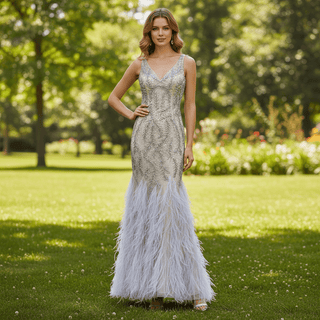 Crystals V-Neck Mermaid Evening Long Prom Dress with Feather - Rosymae