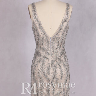 Crystals V-Neck Mermaid Evening Long Prom Dress with Feather - Rosymae
