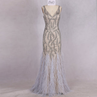 Crystals V-Neck Mermaid Evening Long Prom Dress with Feather - Rosymae