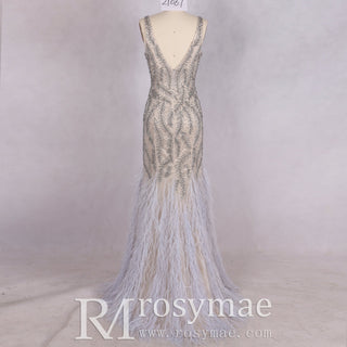 Crystals V-Neck Mermaid Evening Long Prom Dress with Feather - Rosymae