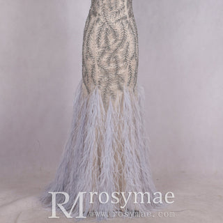 Crystals V-Neck Mermaid Evening Long Prom Dress with Feather - Rosymae