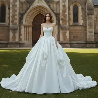 Ball Gown Puffy and Big Skirt Strapless Wedding Dress with Curve Neckline