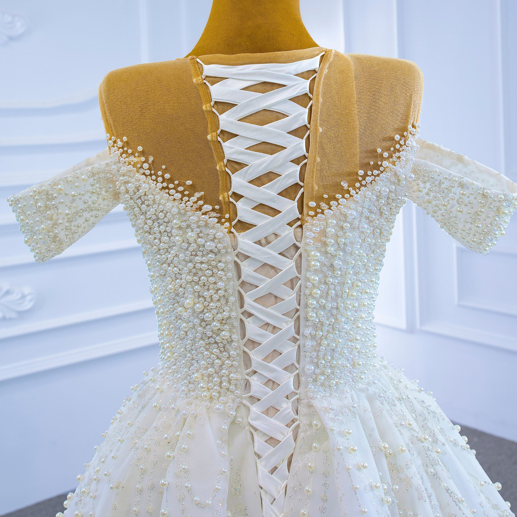 Custom Beaded Pearl High Neck Wedding Gown - Rosymae