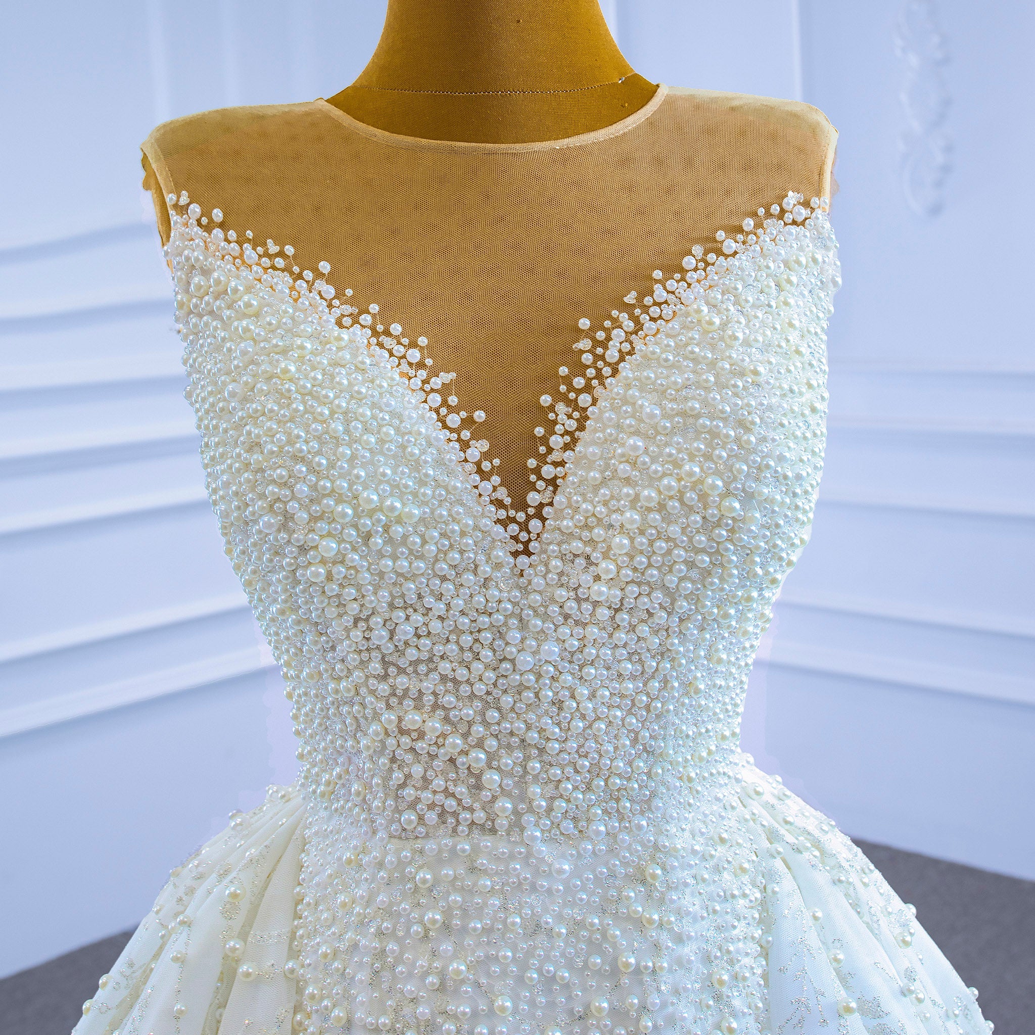 Custom Beaded Pearl High Neck Wedding Gown - Rosymae